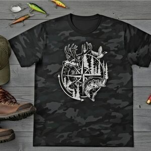 Camo Wildlife Compass Tee • Deer Duck Fish Outdoor Shirt • Hunting Fishing